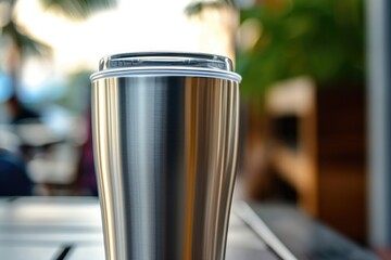 A stainless steel coffee cup sitting on a table. Can be used for coffee shop promotions or kitchenware advertisements