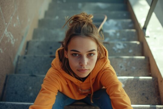 A woman wearing an orange hoodie is seated on a set of stairs. This image can be used to depict relaxation, contemplation, or urban lifestyle