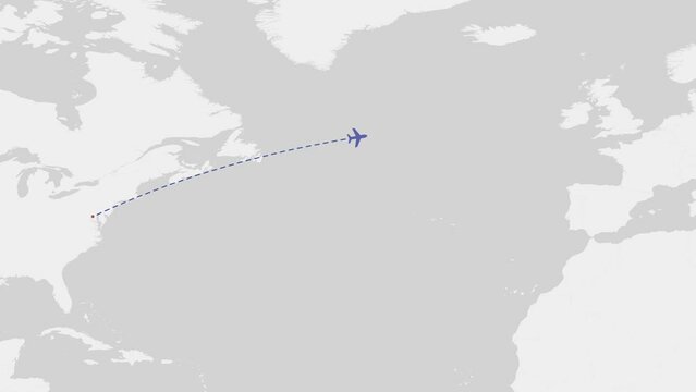 World Map Animation in 4K Video. Flying Airplane from Washington to London