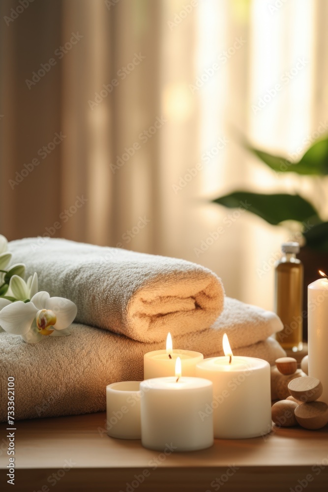 Poster a beautifully arranged table with towels and candles, perfect for creating a cozy and inviting atmos