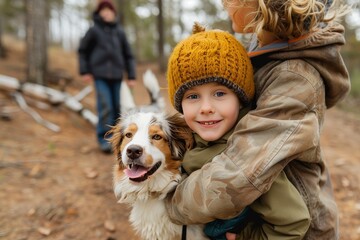A young girl dressed in warm outdoor clothing lovingly holds onto her fluffy brown dog while a woman in a hat looks on, capturing a heartwarming moment between a child and her beloved pet