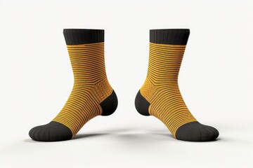 A pair of yellow and black striped socks. Perfect for adding a pop of color to any outfit. Ideal for fashion blogs, clothing catalogs, or online retail websites