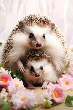 Two hedgehogs are pictured sitting side by side. This image can be used to depict friendship, togetherness, or the beauty of nature