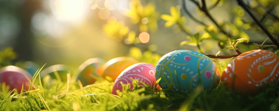 Colorful easter egg in spring grass.
