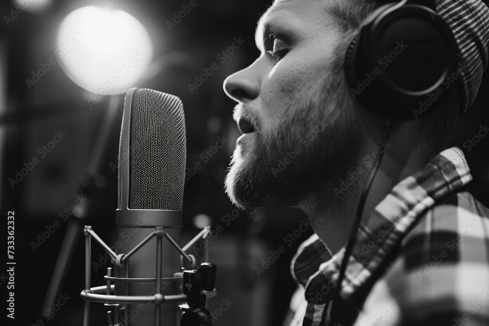 Aufkleber a man with headphones is singing into a microphone. this image can be used for music-related project
