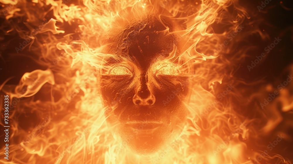 Poster a close-up view of a person's face engulfed in flames. this intense image captures the fiery intensi