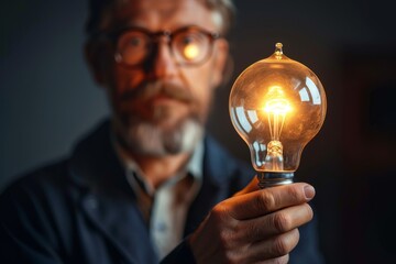A determined man with glasses holds a glowing light bulb, illuminating his face as he contemplates the possibilities of his invention in the comfort of his home - obrazy, fototapety, plakaty