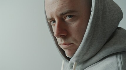 A man wearing a hoodie, looking directly at the camera. This image can be used to depict mystery, anonymity, or urban fashion