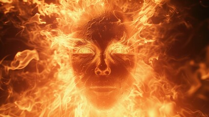 A close-up view of a person's face engulfed in flames. This intense image captures the fiery intensity and raw emotion. Perfect for illustrating concepts of danger, passion, or destruction.