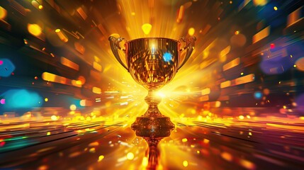This image showcases a shiny golden trophy positioned in the center, with a dynamic background of vibrant light rays and glowing particles that create an atmosphere of celebration and triumph. The tro