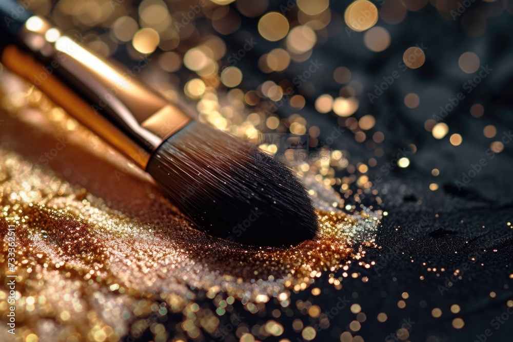 Poster a close-up view of a makeup brush placed on a surface covered in shimmering glitter. this image can 