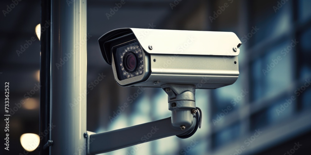Poster a security camera mounted on the side of a building. ideal for surveillance and monitoring purposes