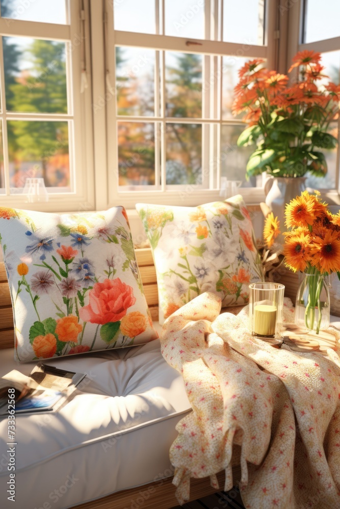 Poster A simple and elegant image of a window sill adorned with a colorful bunch of flowers. Perfect for adding a touch of nature and beauty to any space