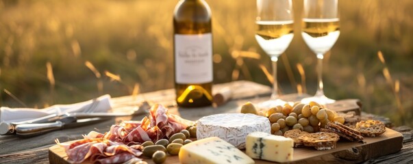 Table with fine wine served outside with cheese