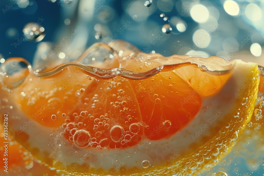 Poster Slice of orange floating in water. Can be used for refreshing drink concepts