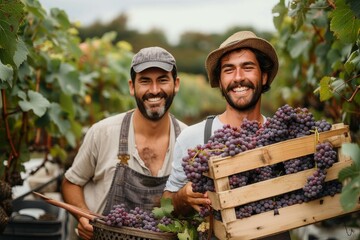 Two jovial men proudly display their bountiful harvest of juicy grapes, a symbol of hard work and...