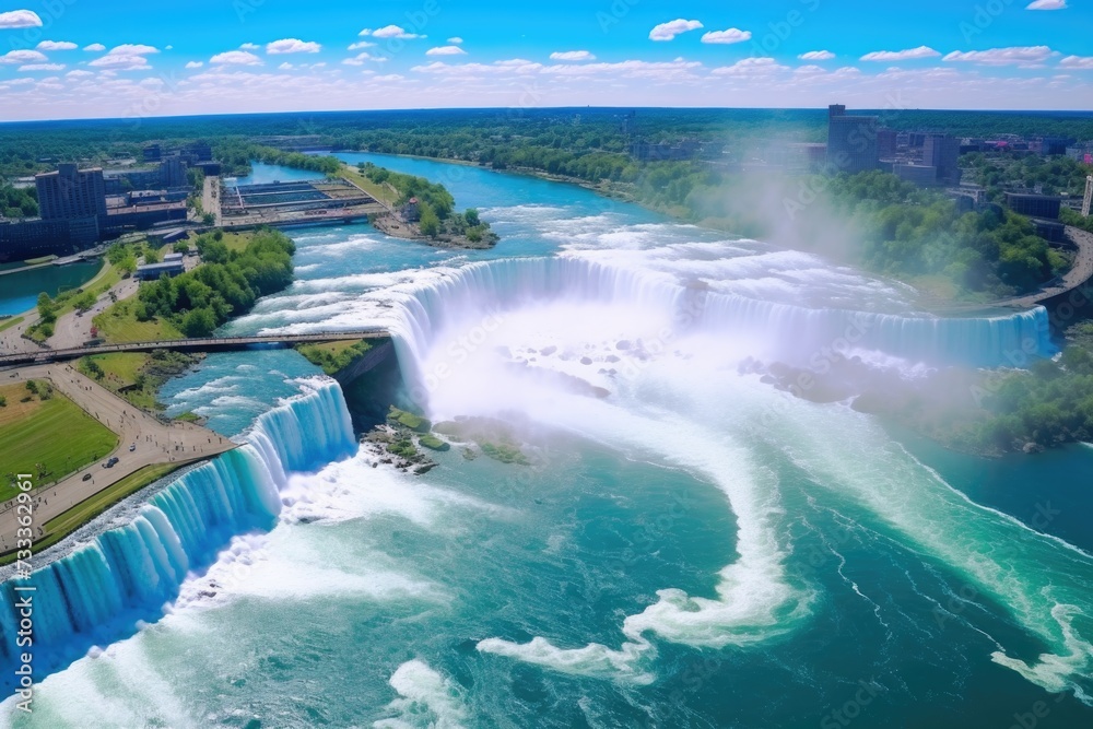 Poster a breathtaking aerial view of a majestic waterfall with a bridge spanning over it. perfect for natur