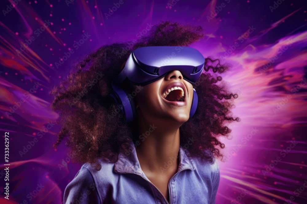 Poster a woman wearing a virtual reality headset is captured in a moment of joy and laughter. this image ca