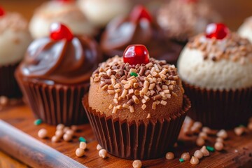 A colorful group of decadent cupcakes topped with a vibrant cherry, tempting the senses with their sweet confectionery icing and adorned with a variety of toppings, making them the perfect indulgent 