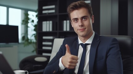 Fototapeta na wymiar A man dressed in a suit giving a thumbs up gesture. Suitable for business, success, and approval concepts