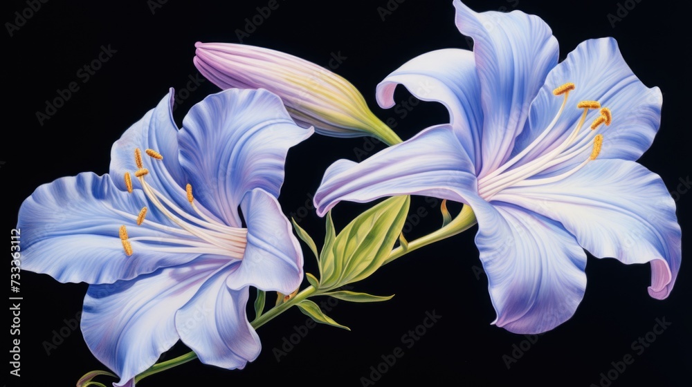 Poster two blue flowers painted on a black background. perfect for adding a pop of color to any space
