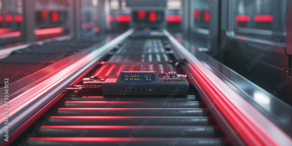 Poster a detailed view of a conveyor belt in a factory. this image can be used to showcase the industrial m