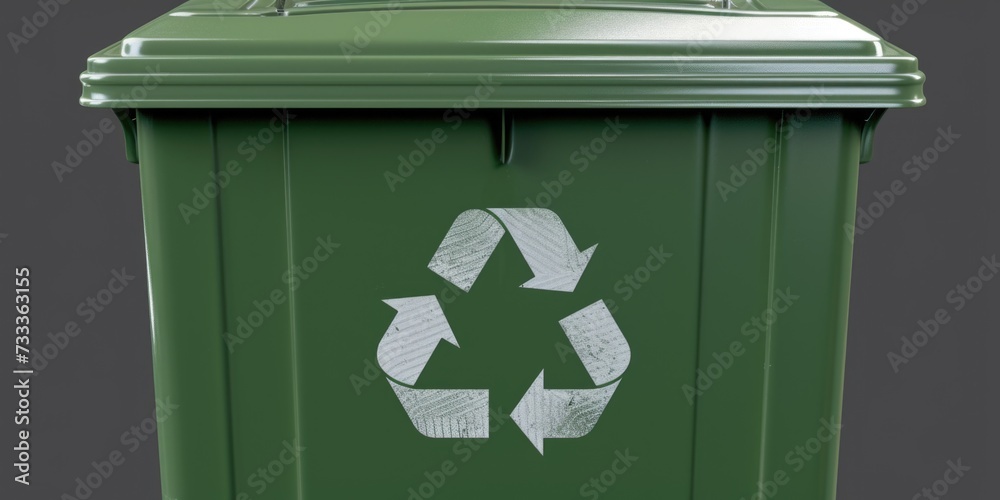 Poster a green trash can with a recycling symbol on it. suitable for environmental and waste management con