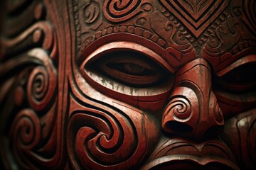 A close-up view of a carved face on a wall. This image can be used for architectural projects or as a decorative element in design