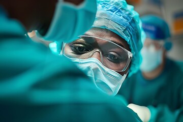 A determined surgeon clad in sterile scrubs and gloves prepares to perform a life-saving procedure in a brightly-lit operating theater, surrounded by essential medical equipment and a nervous patient