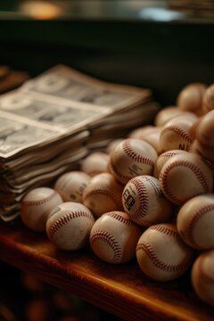 A pile of baseballs sitting on top of a wooden table. Perfect for sports enthusiasts and baseball-themed designs