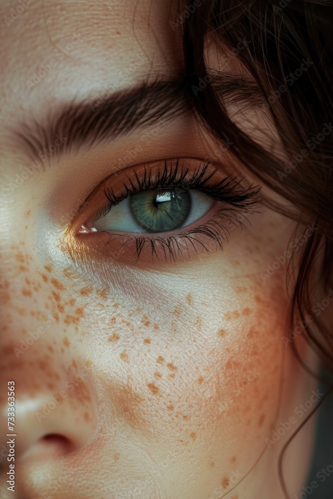 Poster Close up of a woman's eye with freckles. Perfect for beauty and skincare concepts