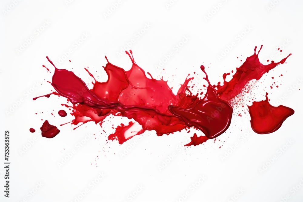 Poster A dynamic image capturing the moment when red liquid splashes onto a pristine white surface. This versatile image can be used to depict concepts such as creativity, energy, excitement, or even a mess.