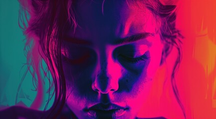 Fototapeta premium Graphic of a girl with depression in the style of color-blocked shapes