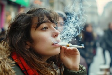 A woman is pictured smoking a cigarette on a city street. This image can be used to depict urban lifestyle or addiction themes