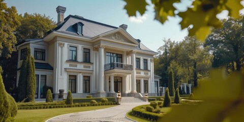 A large white house with a driveway. This versatile image can be used for various purposes