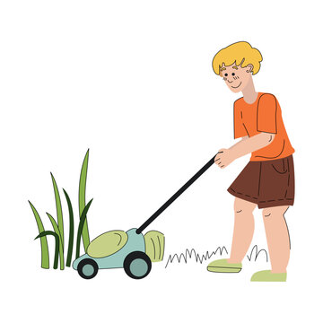 recommend clip art: Gardening on the farm. A man mows the grass with a lawnmower, spring work in the garden. Flat colored vector illustration isolated on white background.