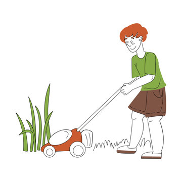 recommend clip art: Gardening on the farm. A man mows the grass with a lawnmower, spring work in the garden. Flat colored vector illustration isolated on white background.