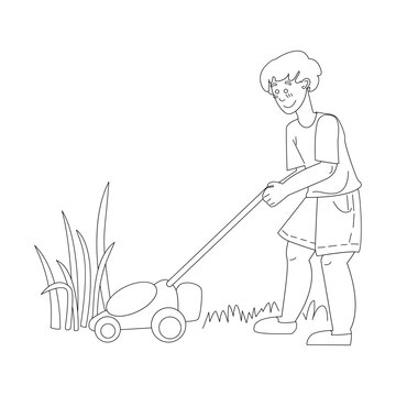 recommend clip art: Gardening on the farm. A man mows the grass with a lawnmower, spring work in the garden. Line vector illustration isolated on white background.