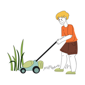 recommend clip art: Gardening on the farm. A man mows the grass with a lawnmower, spring work in the garden. Flat colored vector illustration isolated on white background.