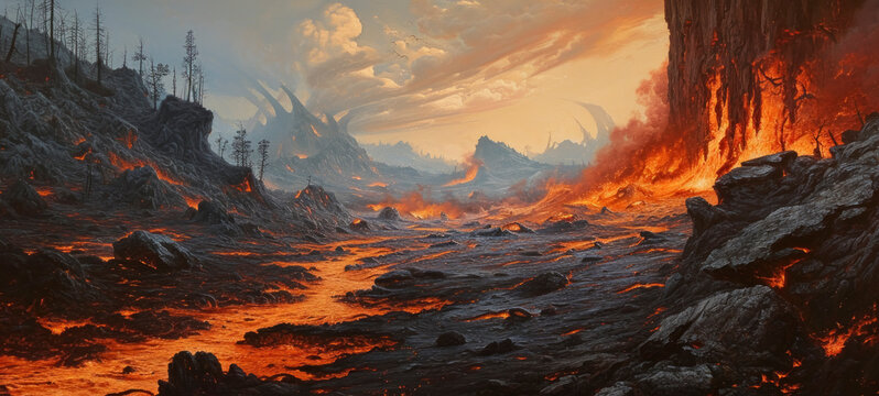 Apocalyptic Landscape with Lava and Ash