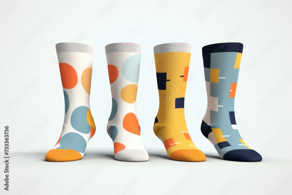 Poster A vibrant collection of three pairs of socks in different colors. Versatile and comfortable, these socks are suitable for all ages and occasions