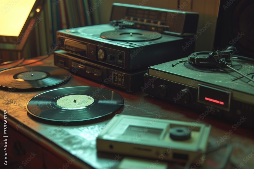 Poster A table featuring two turntables and a record player. Perfect for music enthusiasts and DJs