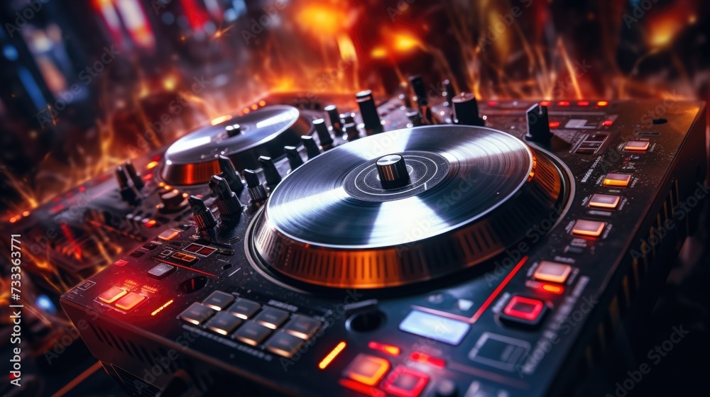 Poster a close-up view of a dj's turntable with a blurry background. perfect for music-related projects or 