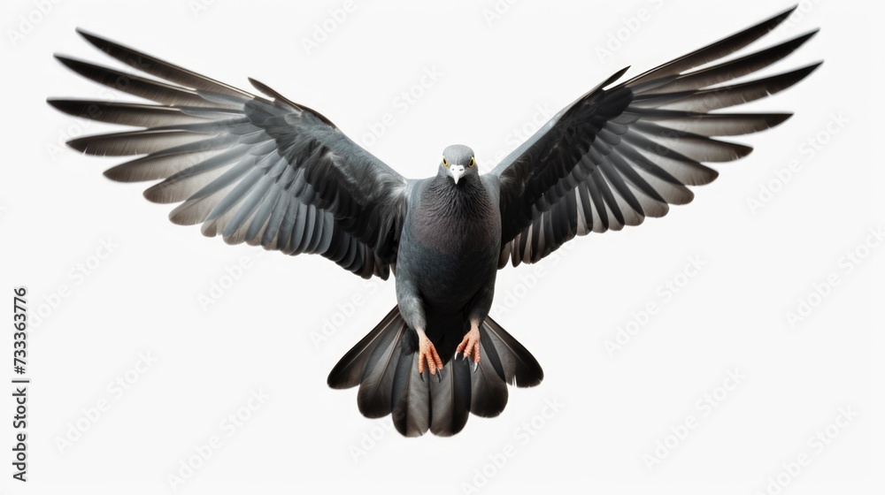 Poster a pigeon flying in the air with its wings spread. suitable for various uses