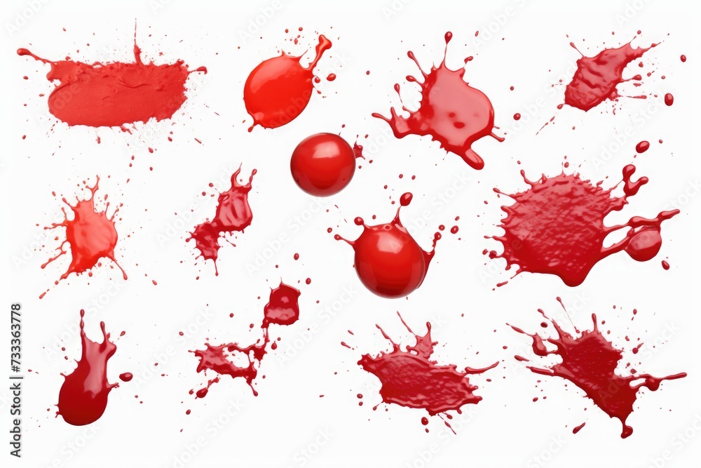 Poster Red paint splattered on a white surface. Versatile image for various design projects