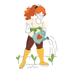 Gardening on the farm. A girl waters sprouts in a field from a watering can, spring work in the garden. Female gardener grows plant. Flat colored vector illustration isolated on white background.