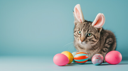 Fototapeta na wymiar Cute cat wearing bunny ears costume with easter eggs in studio shot background for Happy Easter Concept