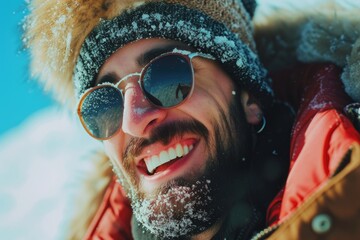 A man wearing sunglasses and a fur hat. Suitable for fashion, winter, and outdoor activities