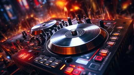 A close-up view of a DJ's turntable with a blurry background. Perfect for music-related projects or events - obrazy, fototapety, plakaty