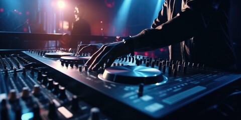 A DJ mixing music in a dark room. Perfect for club events and music industry promotions